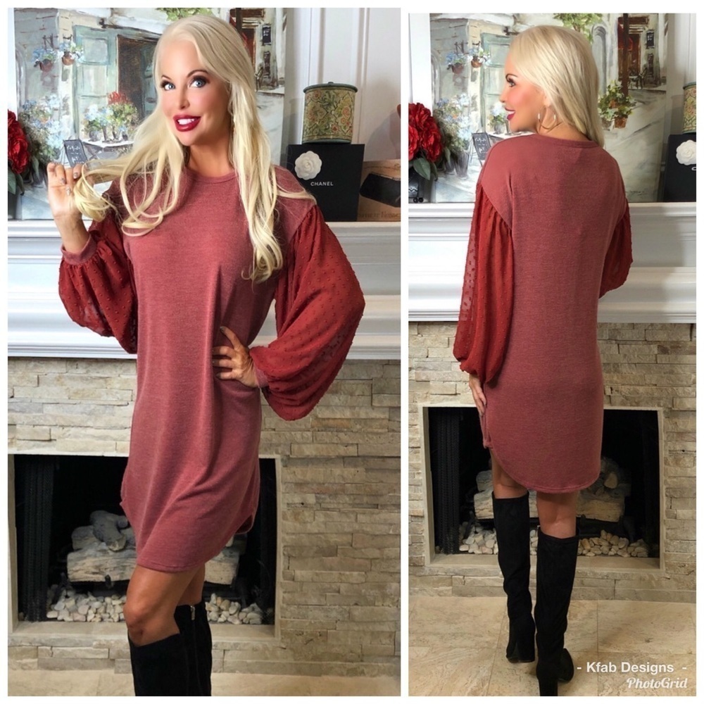 LAST! Brick Bishop Textured Sheer Sleeve Soft Fabric Tunic Dress!